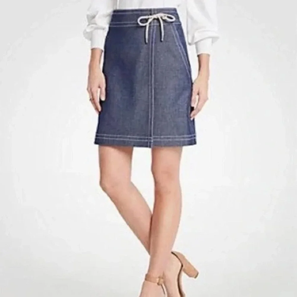 Ann Taylor Women's Blue Denim Faux Wrap‎ Lined A- Line Skirt Size 4P Petite